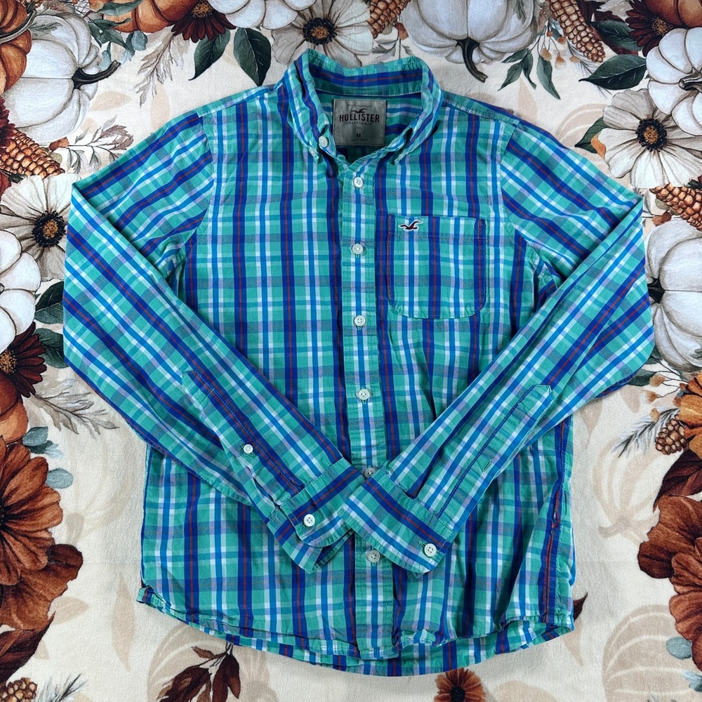 Y2K Hollister California Mens One Pocket Plaid Button Down Green Blue Medium